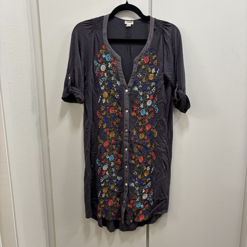 Anthropologie Tiny Sz Medium Gathered Vines Embroidered Shirt Dress NO BELT